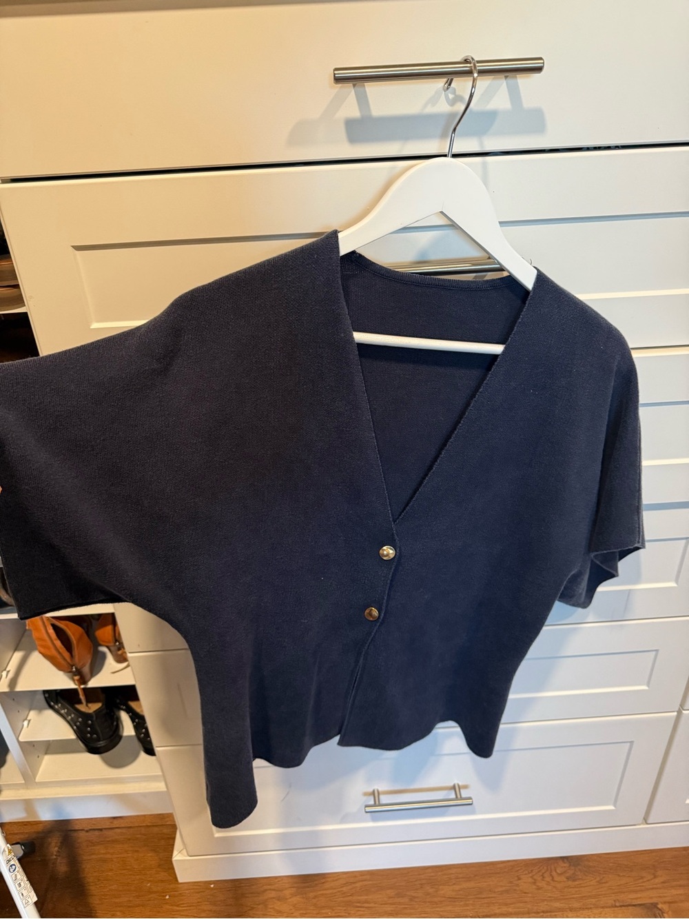 Navy V-Neck Short-Sleeve Button Sweater - Women's